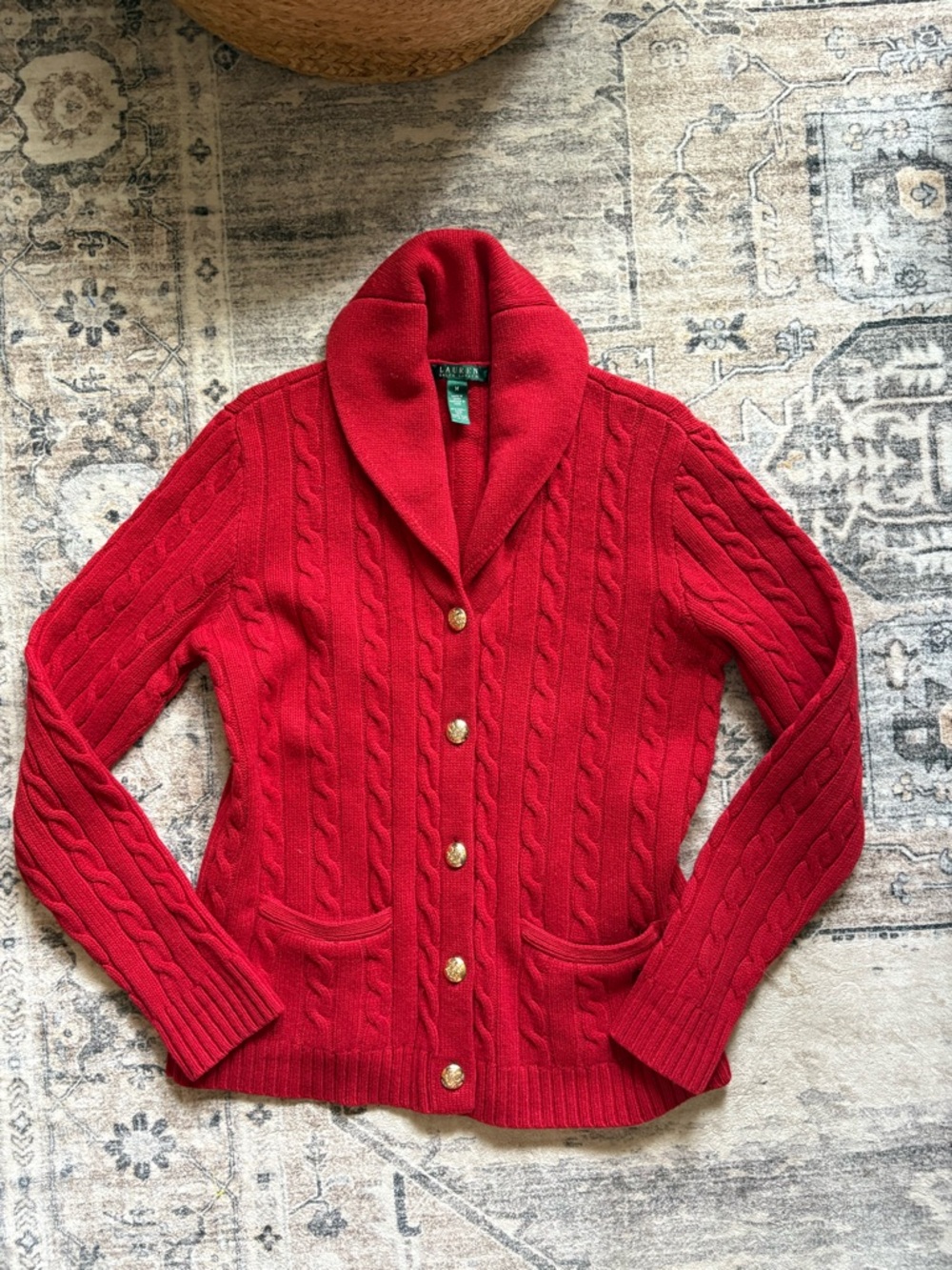 Ralph Lauren Red Cable-Knit Shawl Collar Cardigan with Gold Buttons